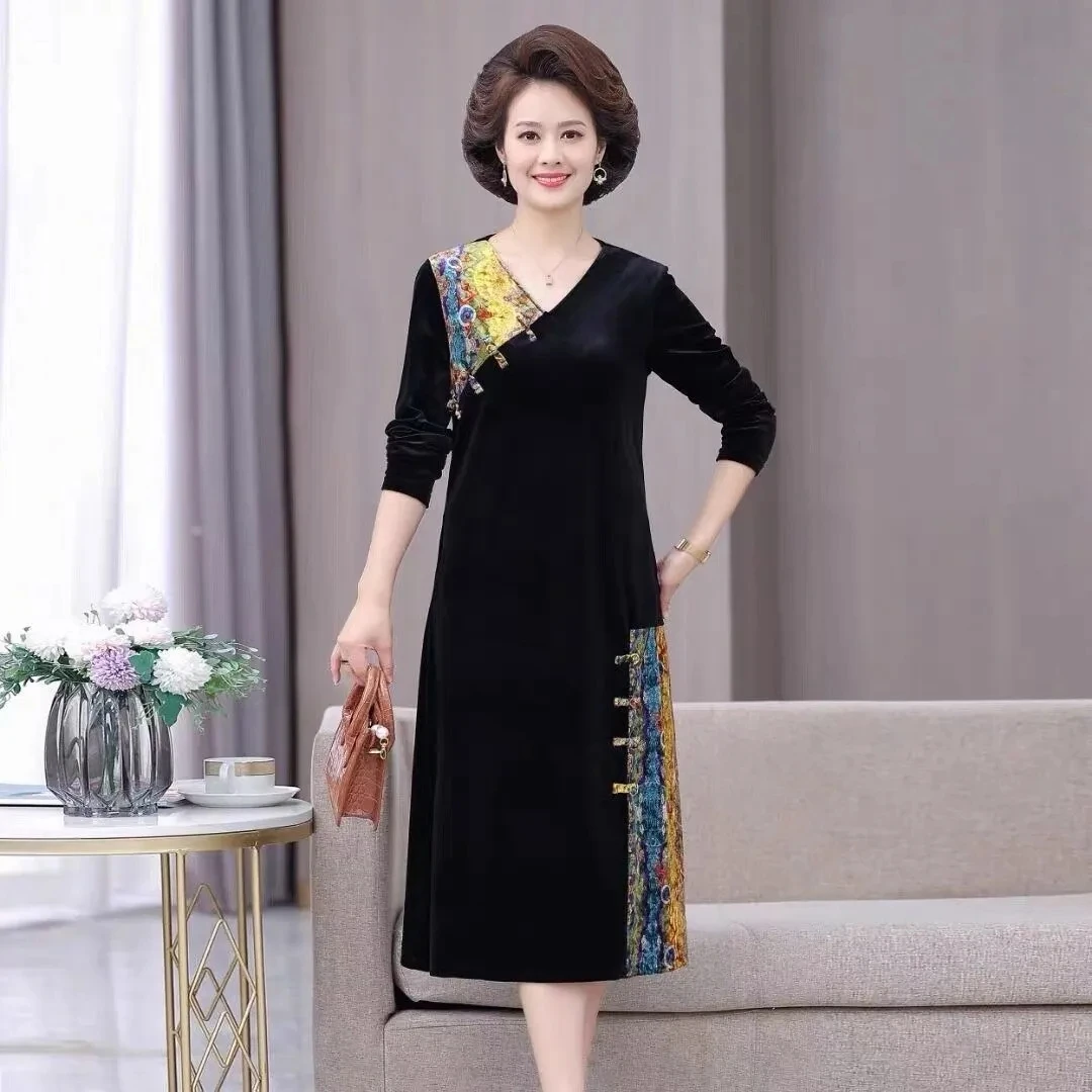 Фото XL-5XL винтажное золотое бархатное платье женское элегантное велюровое платье с v-образным вырезом и длинными рукавами осеннее повседневное платье для мам среднего возраста Vestidos Mujer №5