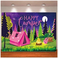 Happy Camping Photography Backdrop Romantic Pink Tent Campfire Background Banner for Forest Camper Girls Decor Birthday Party