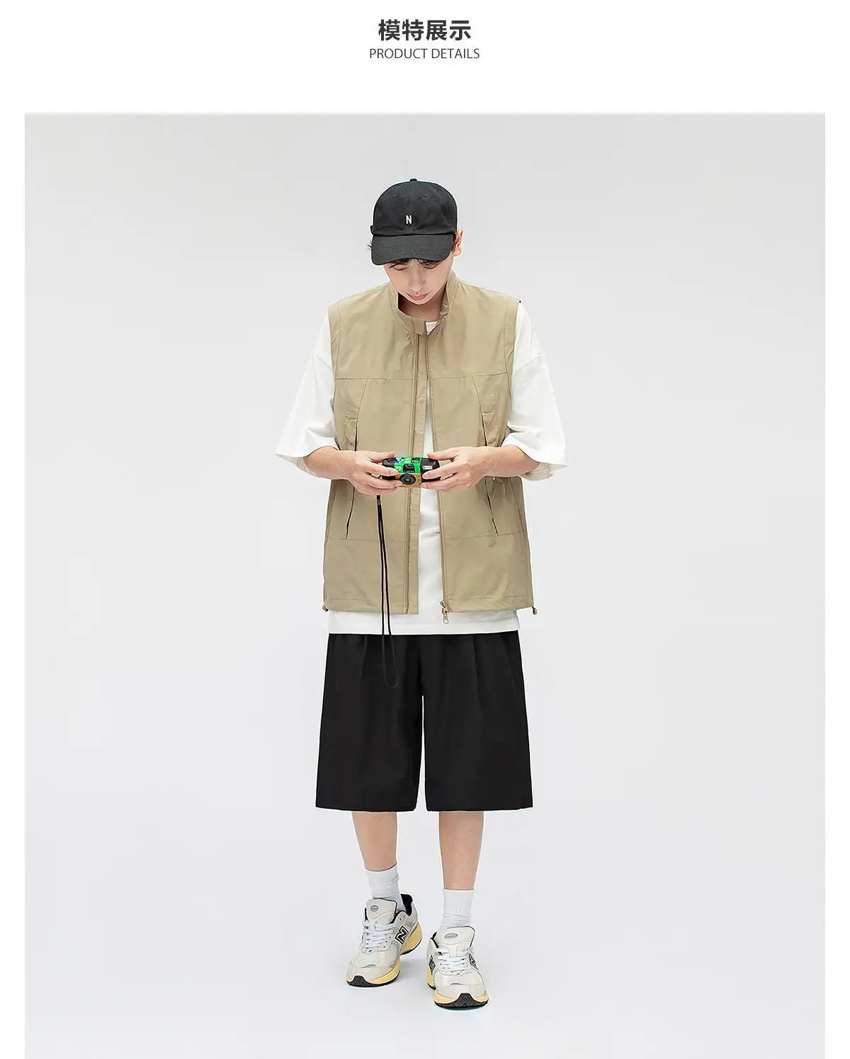 2023 Summer Fashion Men Solid  Cool Boy Casual Loose Safari Style Tess Zipper Vest Jacket Pocket Sleeveless Mountaineering Vest