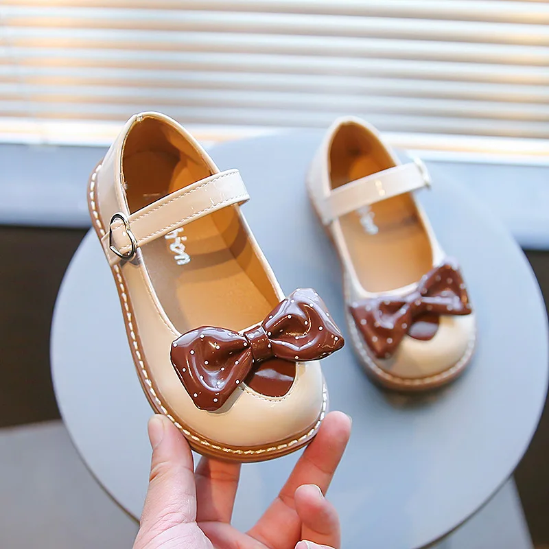 

2023 New Soft Child Girls Leather Shoe Polka Dot Printing Bow Versatile Soft Round-toe Korean Kids Princess Children Casual Shoe