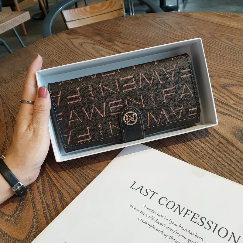 New Genuine Leather Women Wallets Letter Print Long Wallet First Layer Cowhide Clutch Bags For Ladies Two-tone Purse Billfold