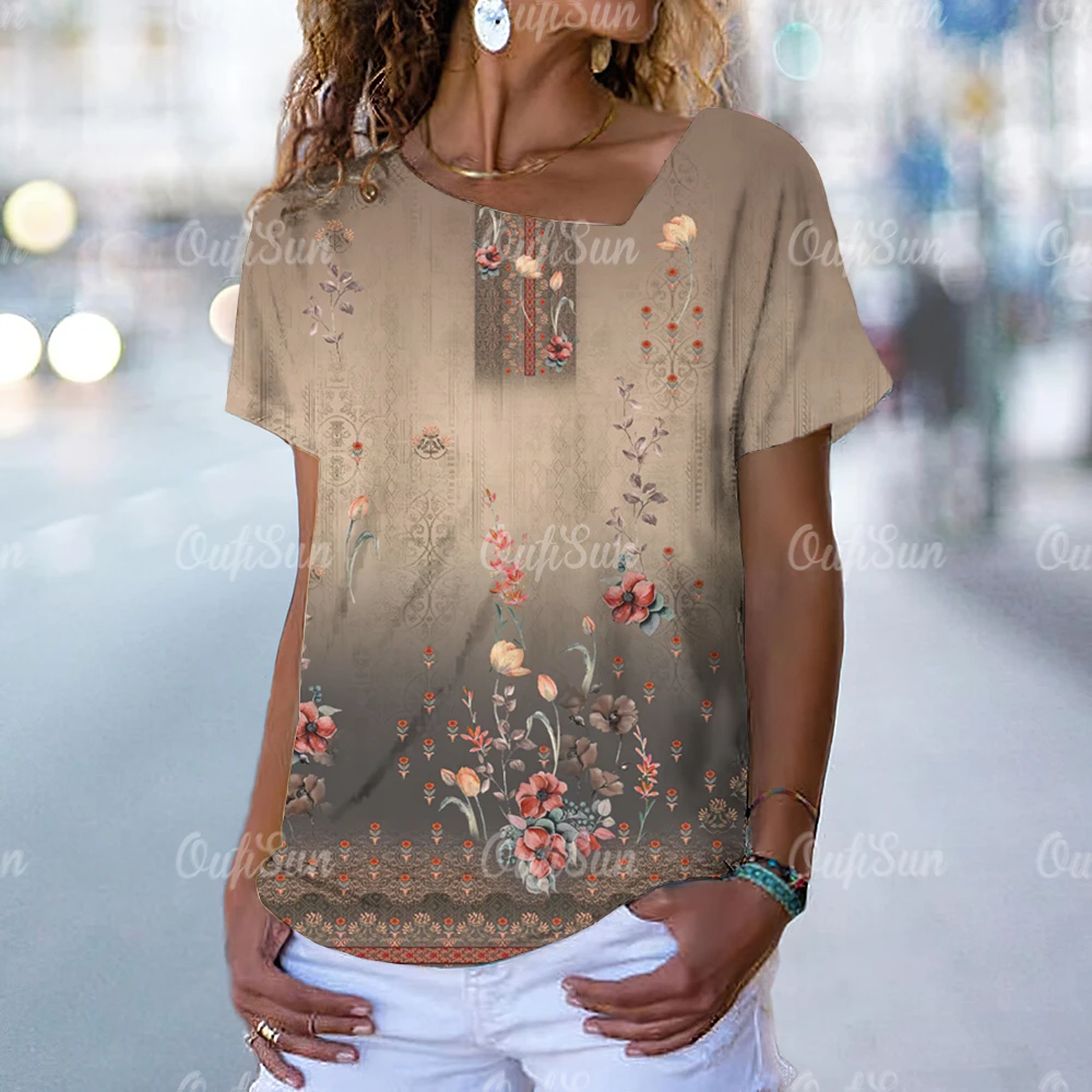

Vintage Floral T Shirts Womens Short Sleeve Daily Casual Clothes Female Slim Blouse Hot L-Neck Tops Aesthetic Print Design Tees