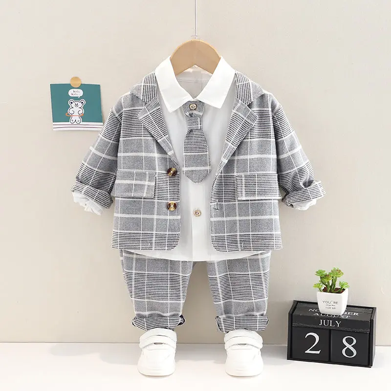 

BOY Wedding Children Kids Tie Party Formal Cotton Gentleman Casual Boys Jackets T-Shirt Pants 3pcs/Sets Infant Suit Clothes