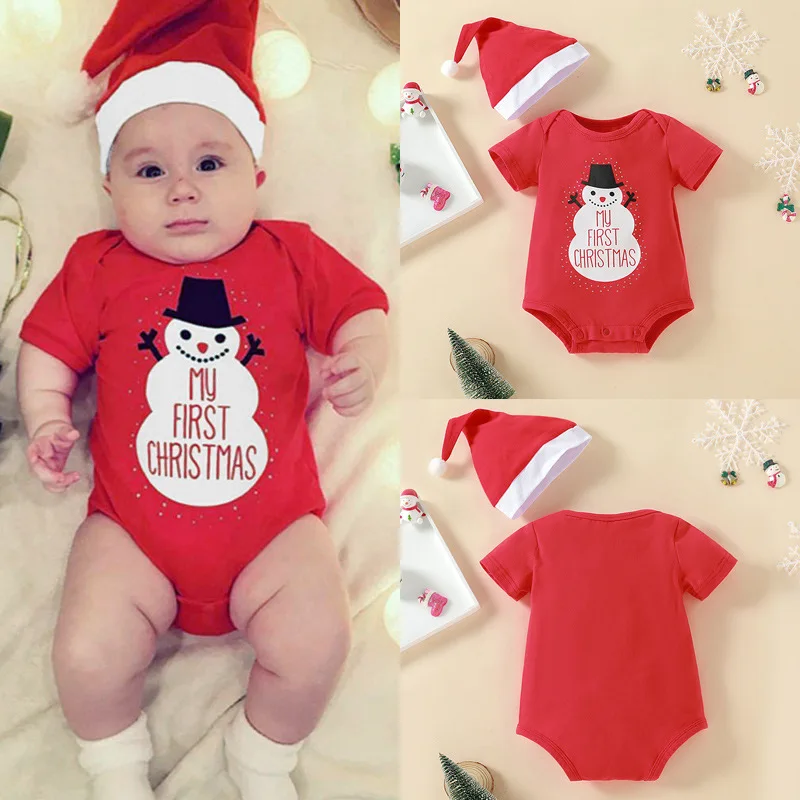 New Year Girl's Clothes Newborn Christmas Day One-Piece Clothing Boys' Christmas Snowman Hat Two-Piece Baby Suit