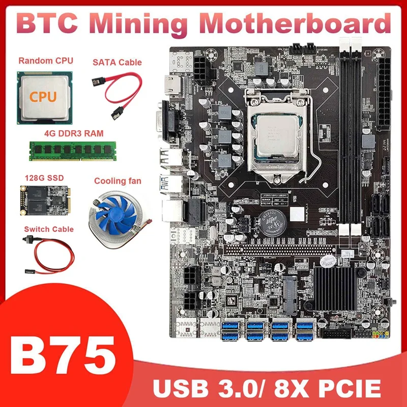 

8XUSB GPU B75 BTC Miner Motherboard+CPU+4G DDR3 RAM+128G MSATA SSD+Fan+Switch Cable+SATA Cable LGA1155 DDR3 Slot MSATA