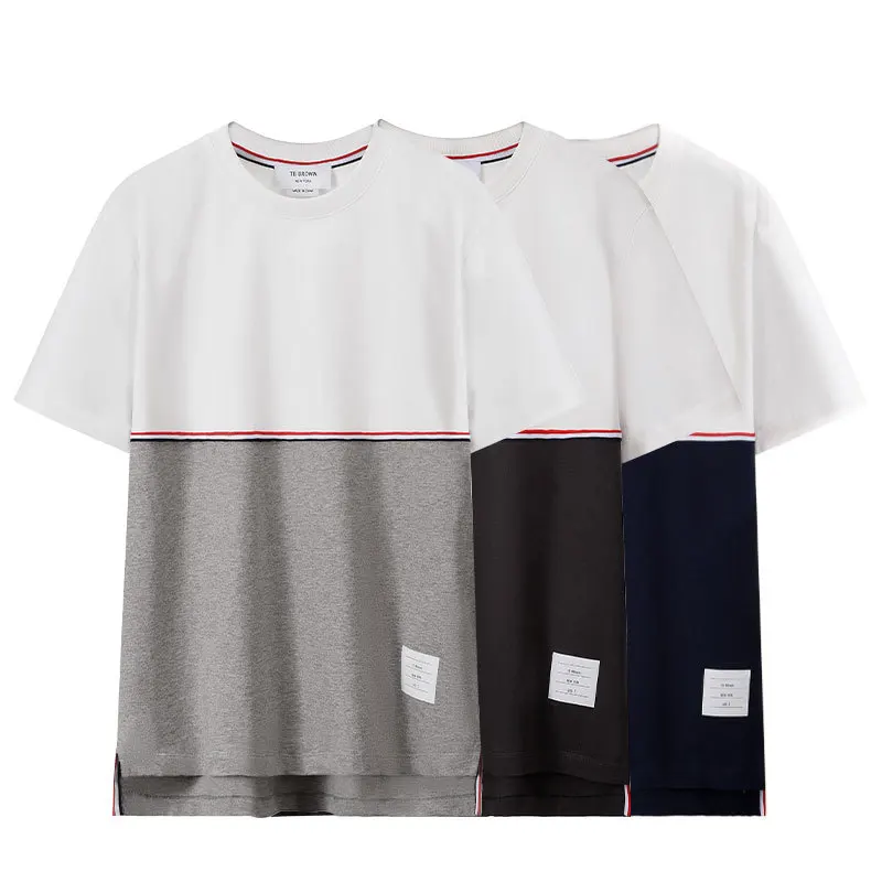 

TB BROWIN2023 summer new red white and blue striped crew neck short sleeve men's fine sulfur cotton casual color combination T-s
