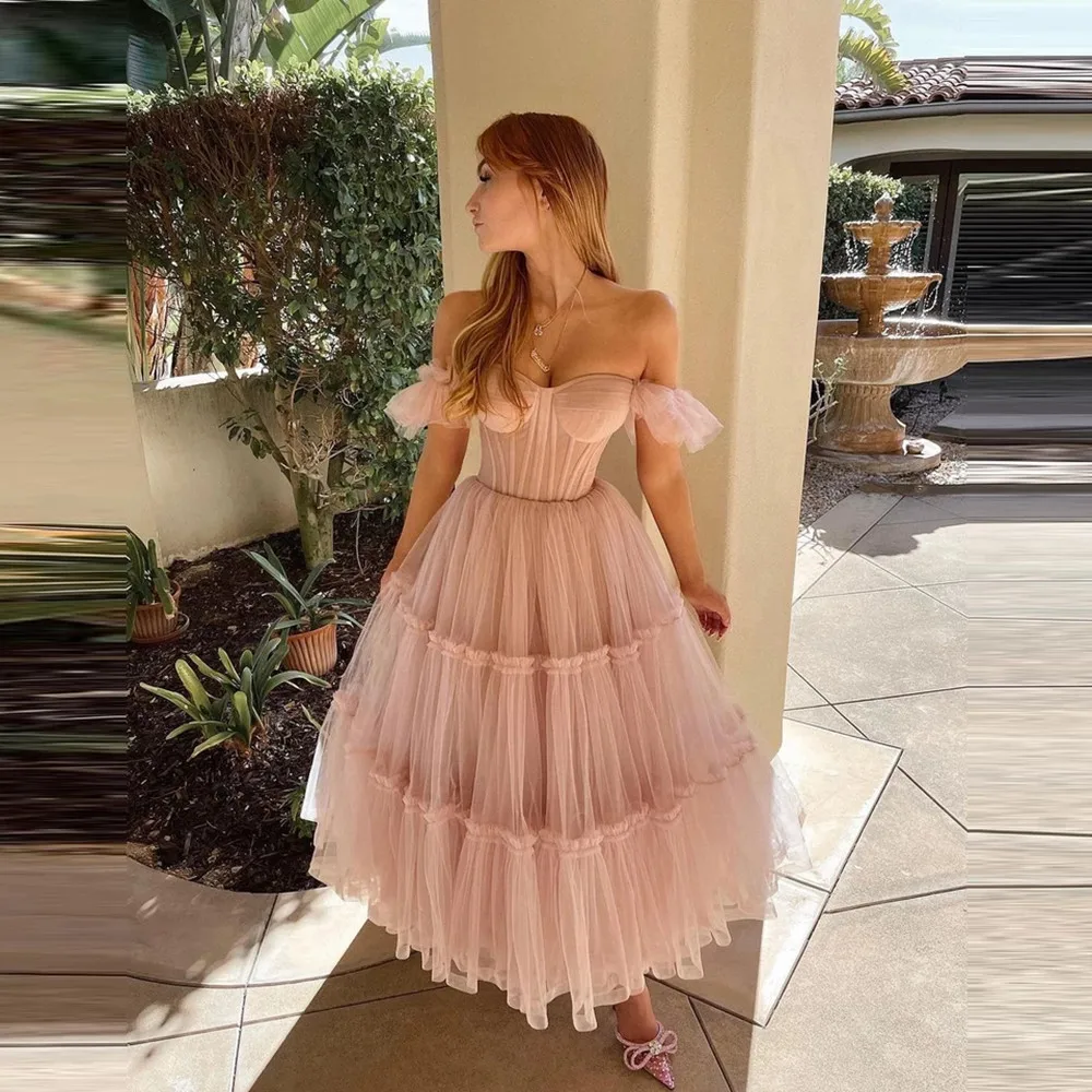 

Pink Short Prom Dresses Straps Tiered Tulle Tea-Length Wedding Party Dress Evening Wear Gowns For Female