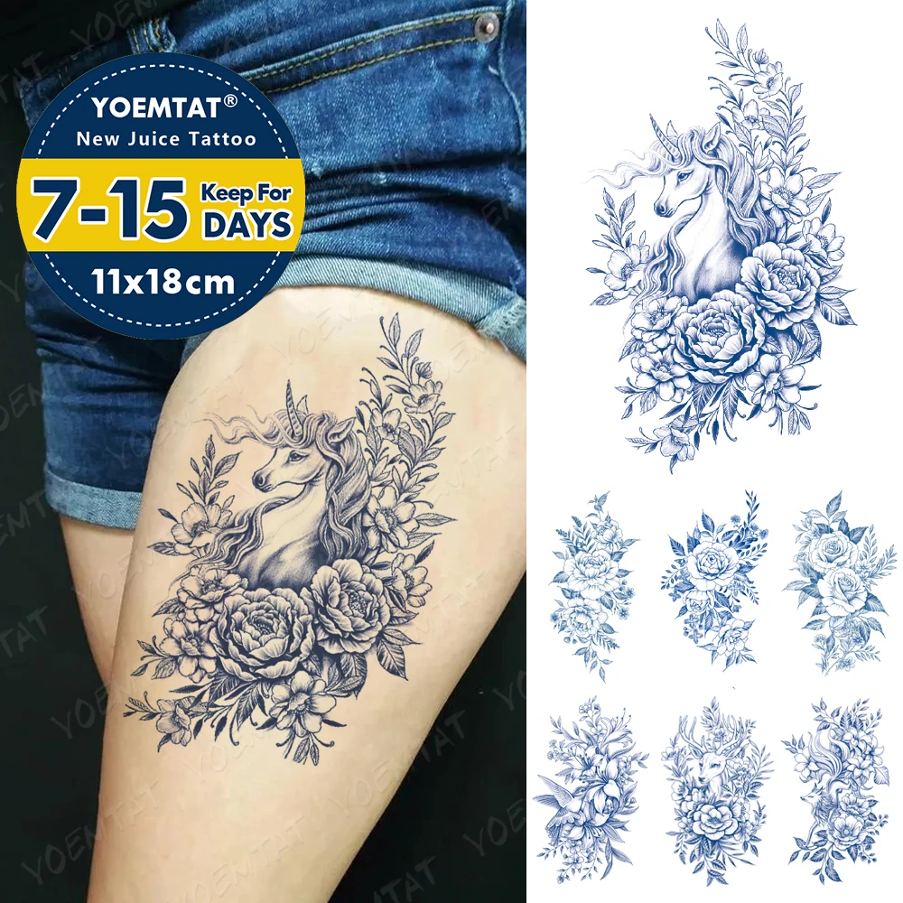 

Juice Lasting Ink Waterproof Temporary Tattoo Sticker Genipin Herbal Semi-Permanent Unicorn Flower Legs Body Art Fake Tattoos