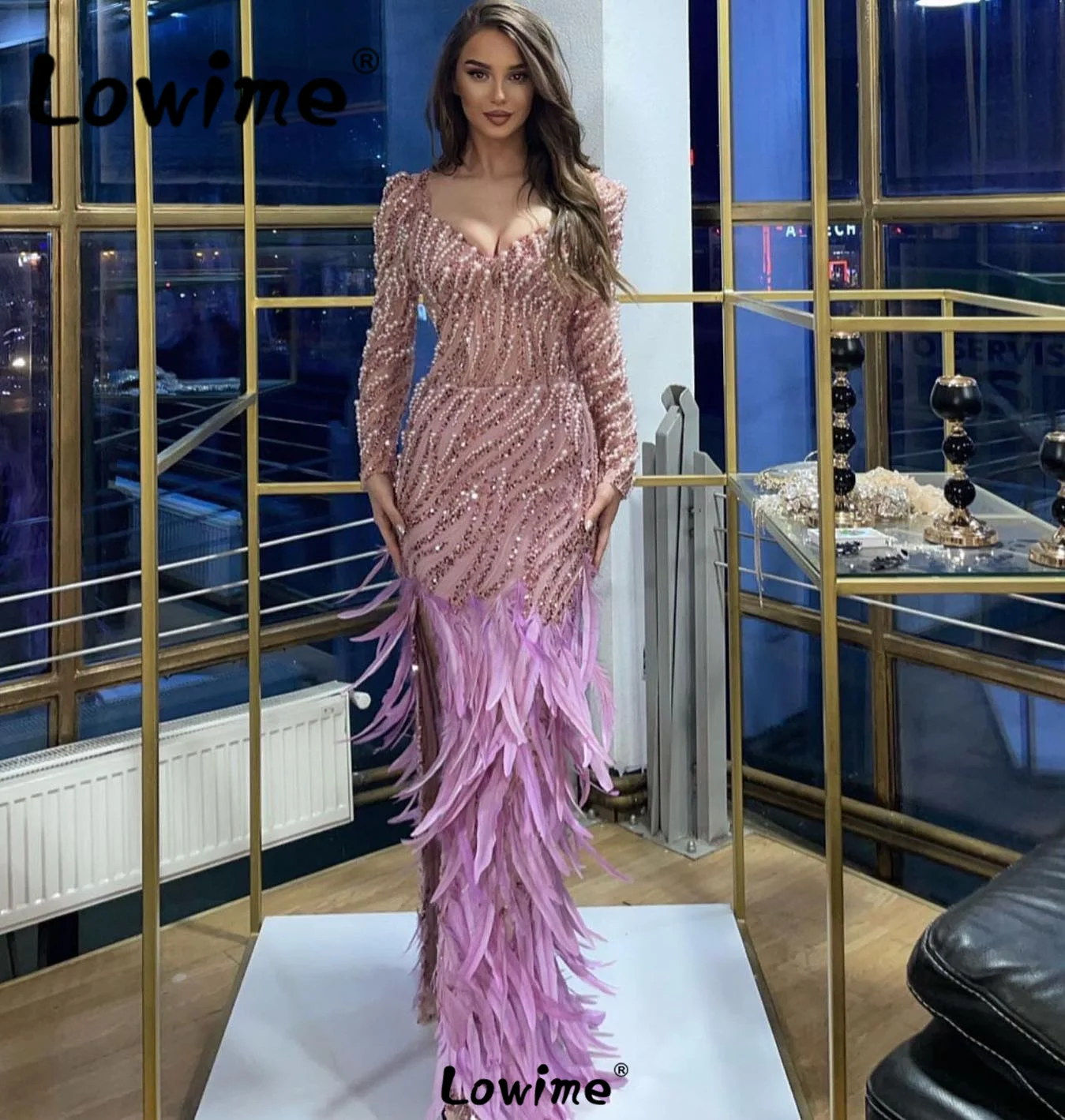 

Feathers Long Sleeves Pink Evening Dress 2023 Haute Couture Beads Straight Party Gowns Arabic Dubai Women Formal Dresses Prom