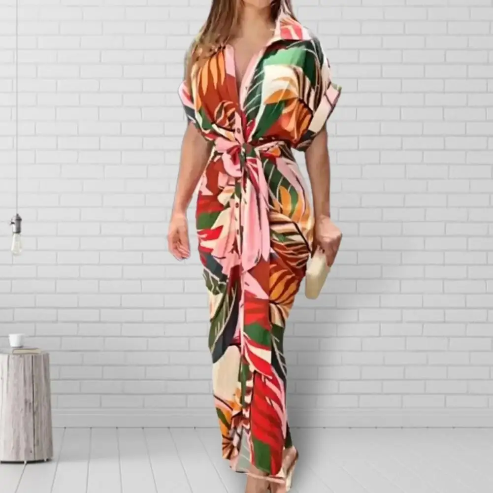 

Maxi Dress Lapel Summer Dress Colorful Leaves Print Draped Maxi Dress