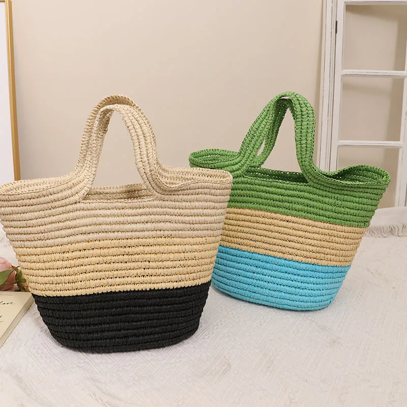 

Large Striped Bucket Bag Summer Woven Straw Bags for Women Handbag Travel Beach Bag Bali Rattan Shoulder Bag Shopper Purses Tote