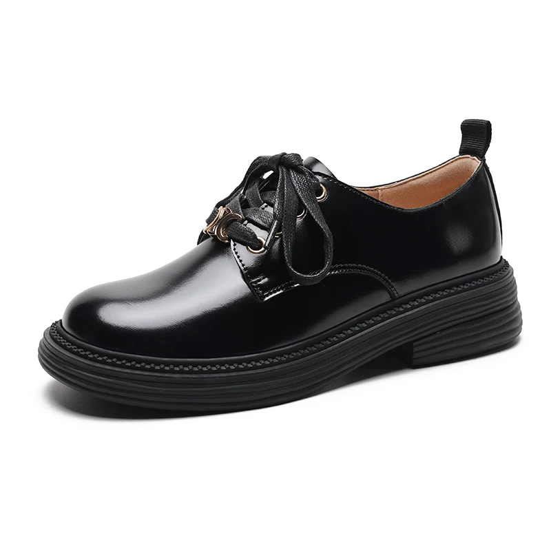 

British Style Triumphal Arch Retro Thick Heel Round Head Rest Lace Up Small Leather Shoes Female Thick Bottomed Lefse