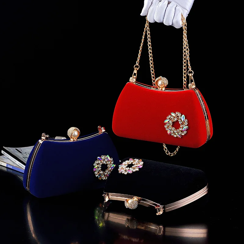 

Elegant Crystal Decoration Women's Black Night Bag Velvet Blue Wedding Bride Clutch Ladies Evening Purses