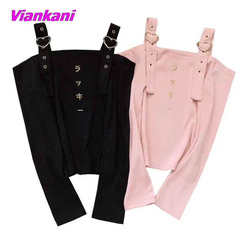 

Japanese Women Crop Tops Harajuku Slash Neck Off Shoulder Black Pink Cotton Tee Shirts Heart Straps Punk Embroidery T-Shirts