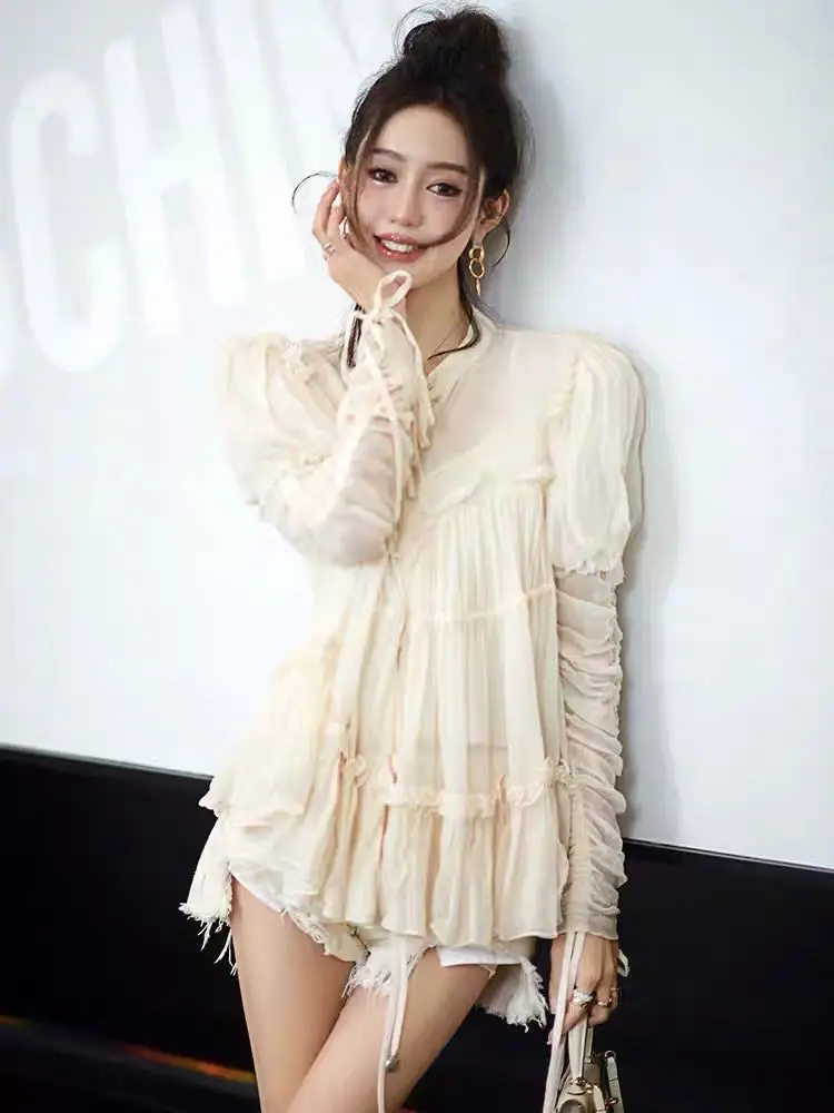 

Рубашка с длинными рукавами в стиле принцессы, рубашка со шнурком и длинными рукавами, с французскими полыми мышцами, листьями лотоса и дере...