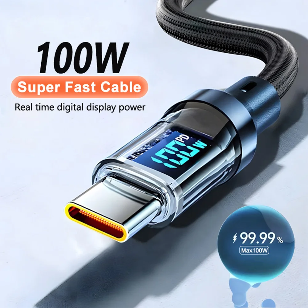 Сверхбыстрый зарядный кабель USB Type-C на 5 А 100 Вт Светодиодный цифровой дисплей Type -