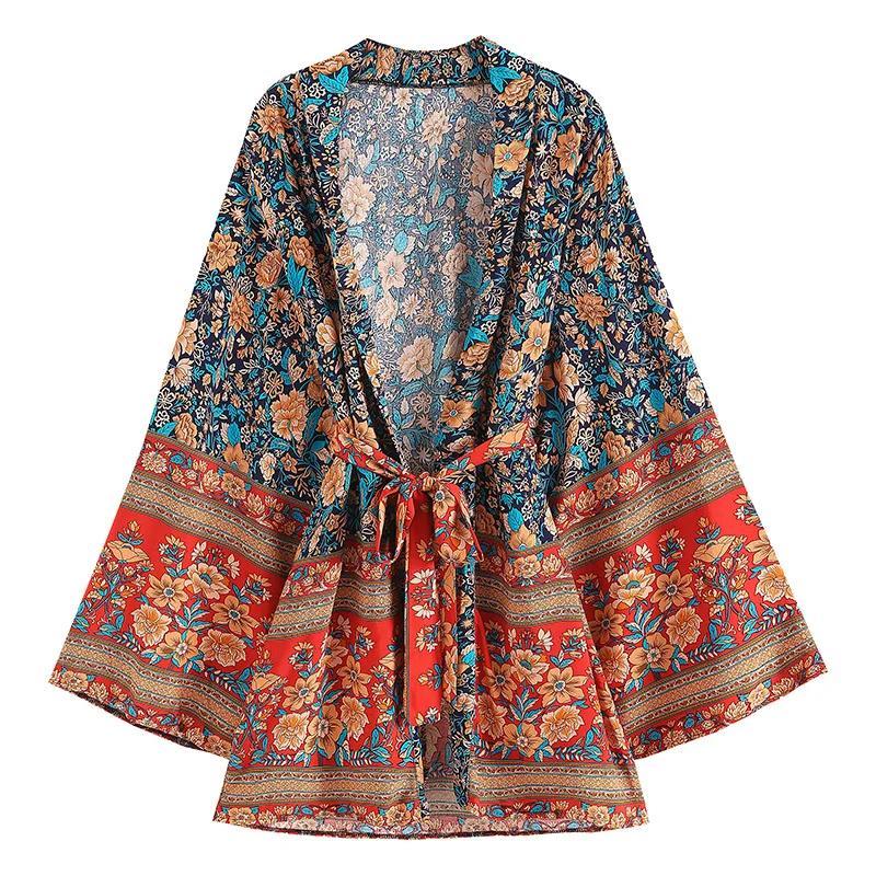 

Vintage Women Boho Cover Ups Oversize Bohemian Rayon Cotton Kimono Sashes Hippie Blusas Boho Chic Ethnic Tops