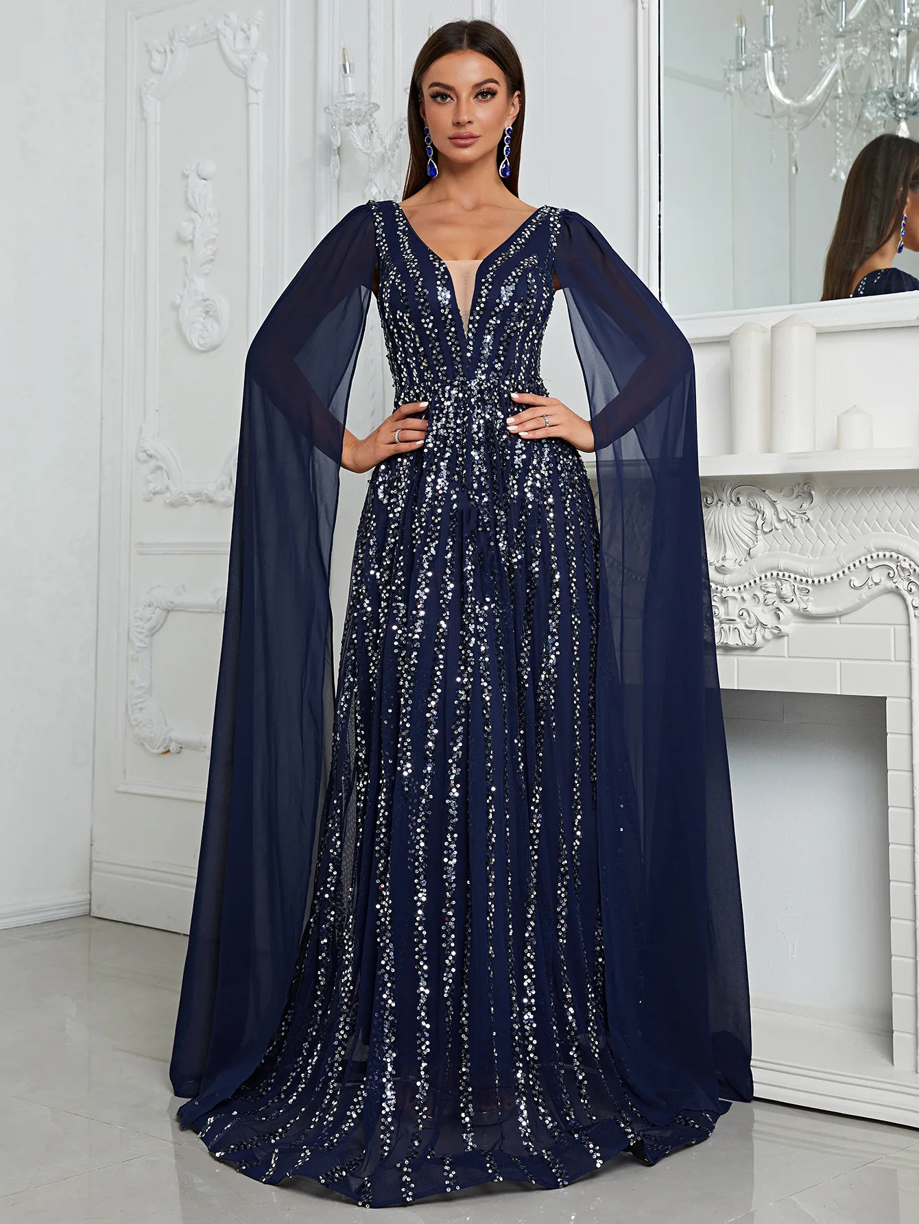 LZPOVE Роскошные вечерние платья для женщин 2024 V-образный вырез с курткой блестками
