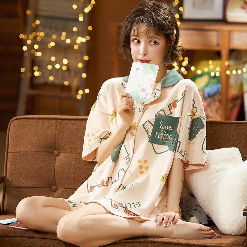 

Spring/Summer Pajamas Women's Homewear Lapel V-Neck Short Sleeve Shorts