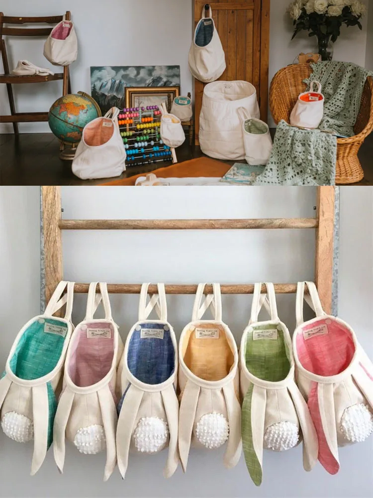 

Cute Rabbit Ear Bags Cotton Linen Easter Bunny Bag with Ears Folding Kids Toys Organizer Sundries Storage Baskets