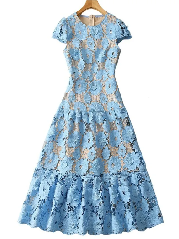 

Женское кружевное платье миди, ажурное платье с водорастворимым кружевом и цветочной вышивкой, элегантное платье с поясом и коротким рукавом