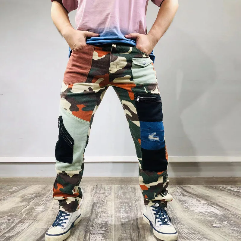 Spring Autumn Men’s Jeans High Quality Comfortable Streetwear Trend Camouflage Patchwork Washed Overalls Men Denim Trousers