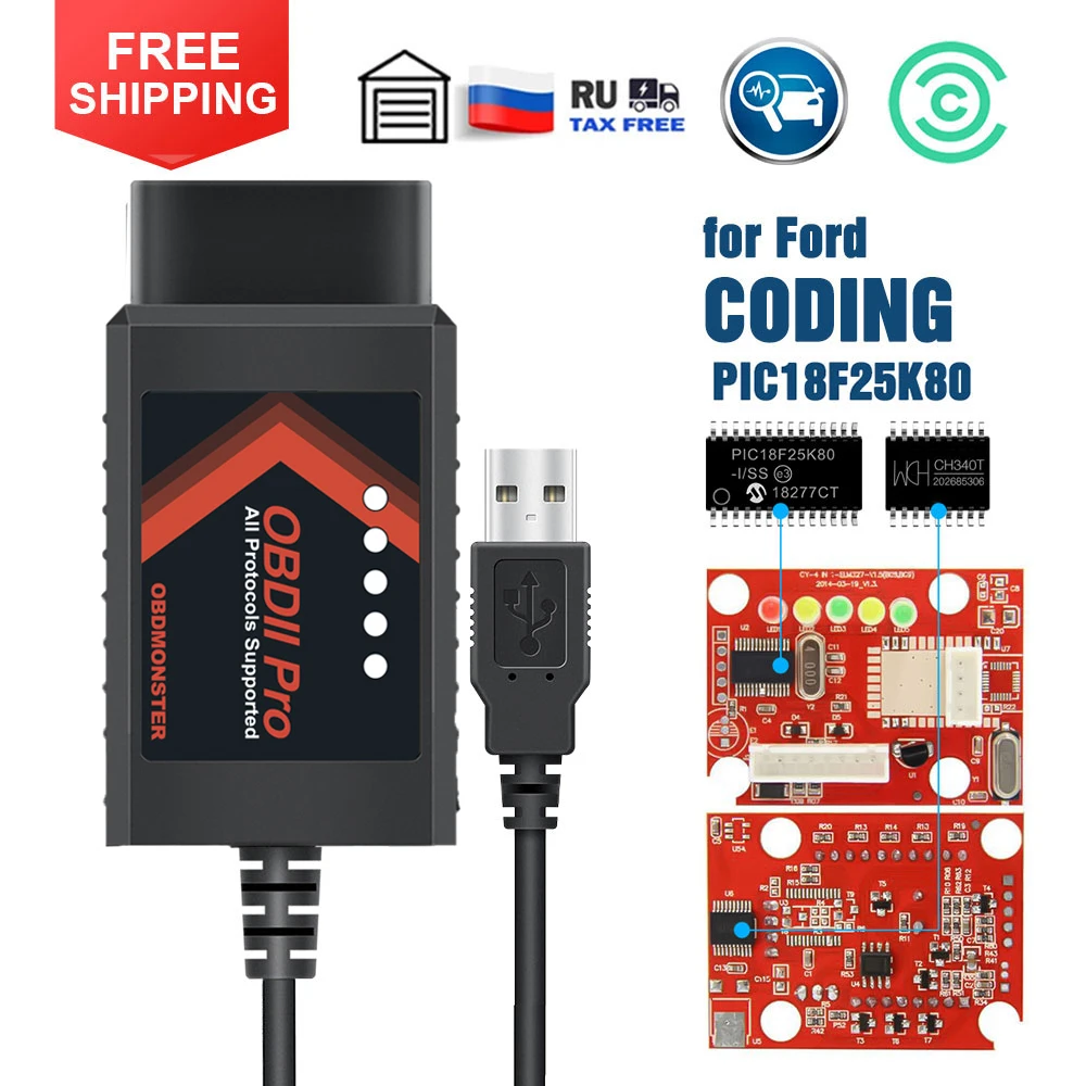 Автомобильный диагностический адаптер ELM327 USB V1.5 OBD2 чип PIC18F25K80 для Mazda Ford