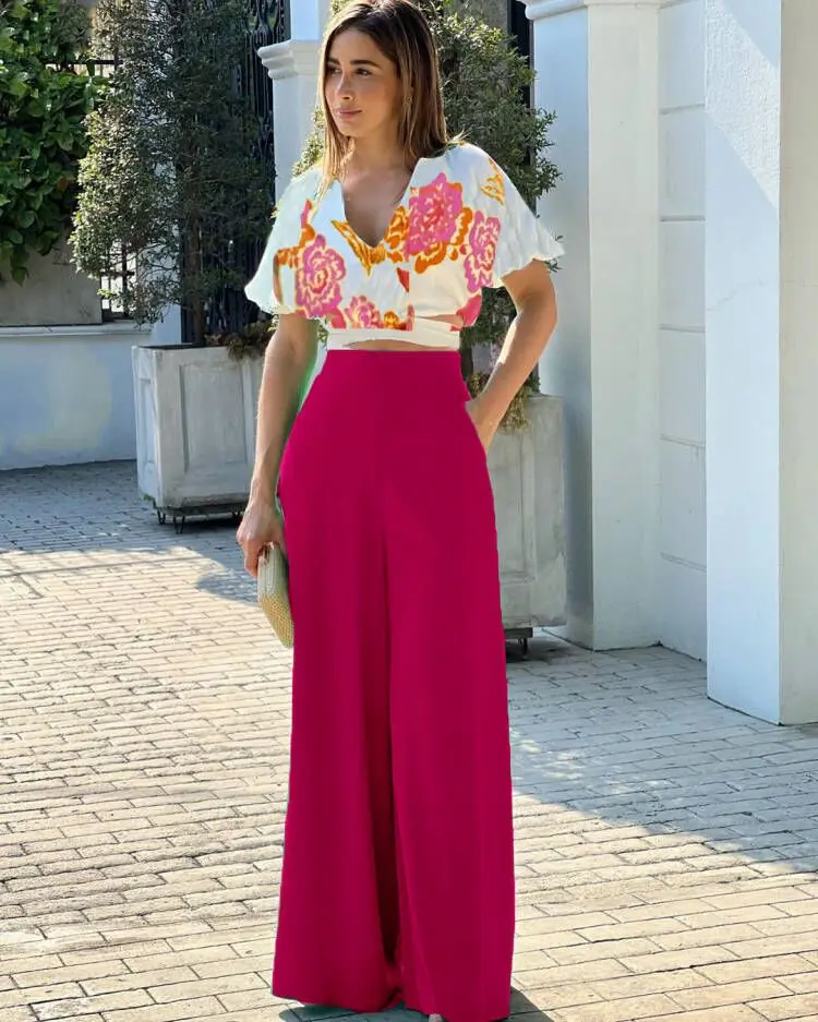

2022 Women Print V-neck Puff Sleeves Tops and Long Wide-leg Pants Two Piece Set Summer Fashion Women suit