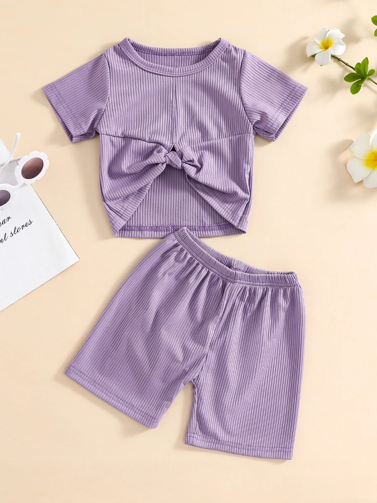 Short Sleeve Collect Waist T Shirts 3 Colors Toddler Summer Baby Girls Clothes Sets Outfits 1-5Y Solid Conjunto Infantil Menina enlarge
