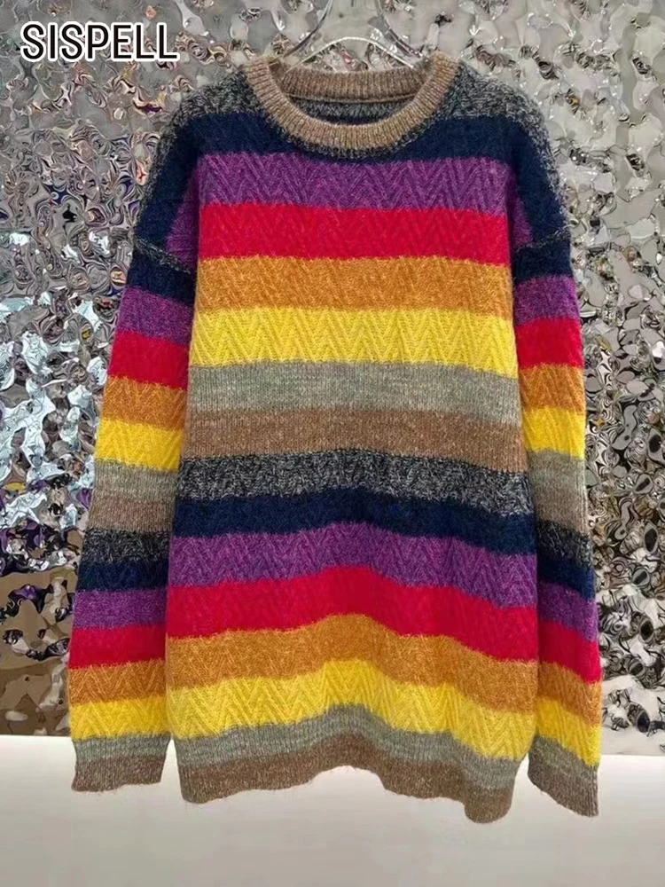 

SISPELL Loose Striped Hit Color Sweater For Women Round Neck Long Sleeve Hit Color Vintage Casual Sweaters Female Autumn 2022