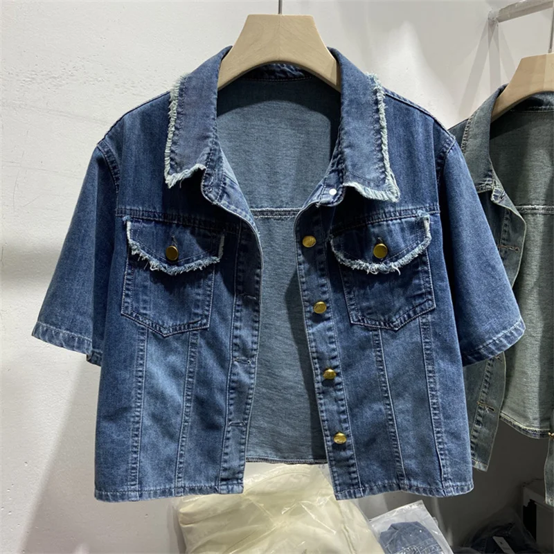 

Summer Women Slim High Waist Short Blue Denim Jacket Frayed Burrs Round Collar Short Sleeve Female Jeans Jacket Chaqueta Mujer
