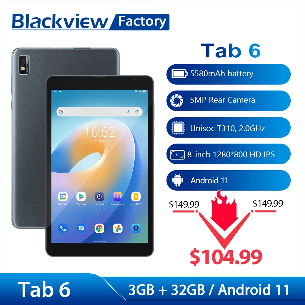 Планшет Blackview Tab 6 3 + 32 ГБ 5580 мАч 4G Wi-Fi LTE 1280*800 | Компьютеры и офис