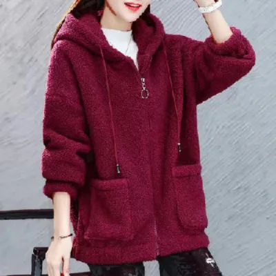 Solid Cardigan Sweater Women's Purple Loose Jacket Thick Autumn  Winter Loose Korean Teddy Velvet Hooded Simple Coat Women