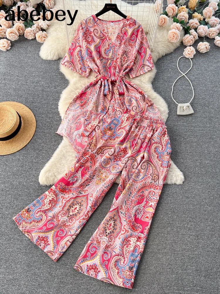 

Костюм женский летний с принтом, рубашка с коротким рукавом и поясом, на шнуровке, с V-образным вырезом и эластичным поясом, шикарный