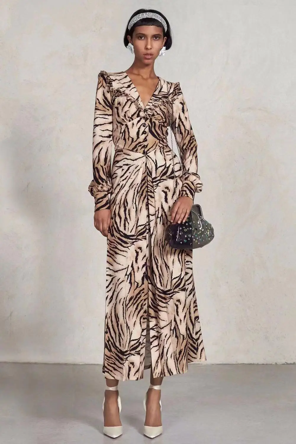 COIGARSAM Zebra Stripes Women 2023 New Fashion Turn Down Collar Lantern Sleeve Autumn Dresses Vintage Elegant Dress