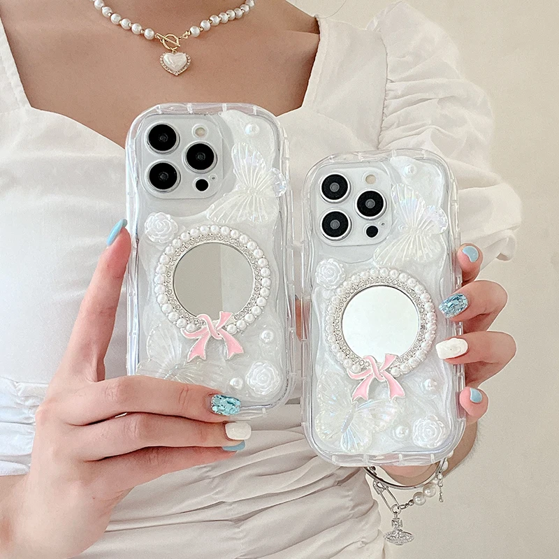 Корейский INS милый чехол для телефона с 3D бабочкой и жемчугом iphone 16 15 14 13 Pro 12 11 Max plus