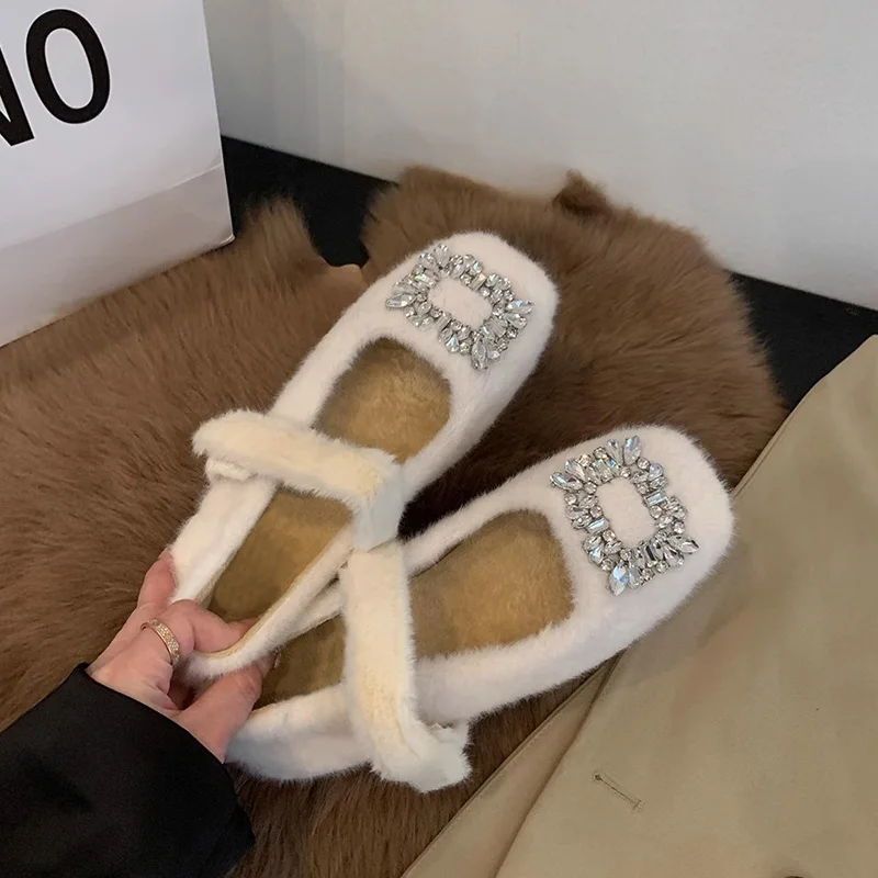 Роскошные женские меховые балетки с квадратной пряжкой и кристаллами зимние
