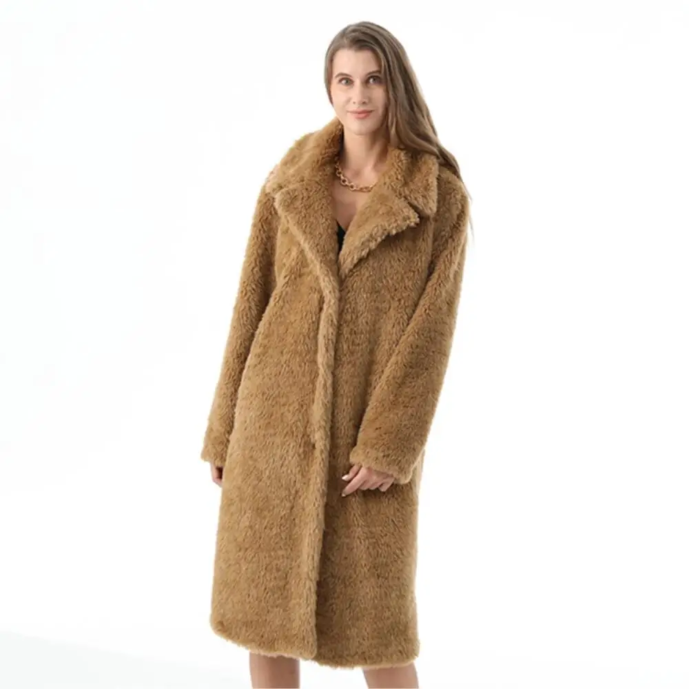 Women Winter Real Fur Long Fluffy Coat Single Breasted Lapel Pure Color Windbreaker Teddy Fleece Fashion Elegant Women Coat