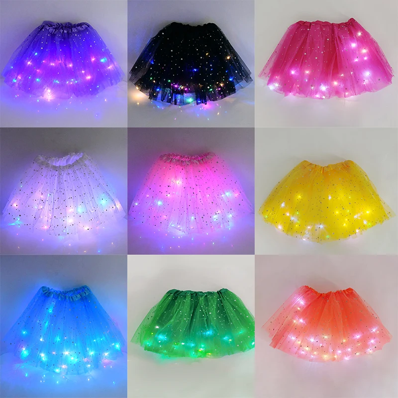 

Neon LED Light Women Girls Star Gauze Tutu Skirts Glowing Dance Ballet Short Dress Stage Costumes Miniskirt Princess Dresses