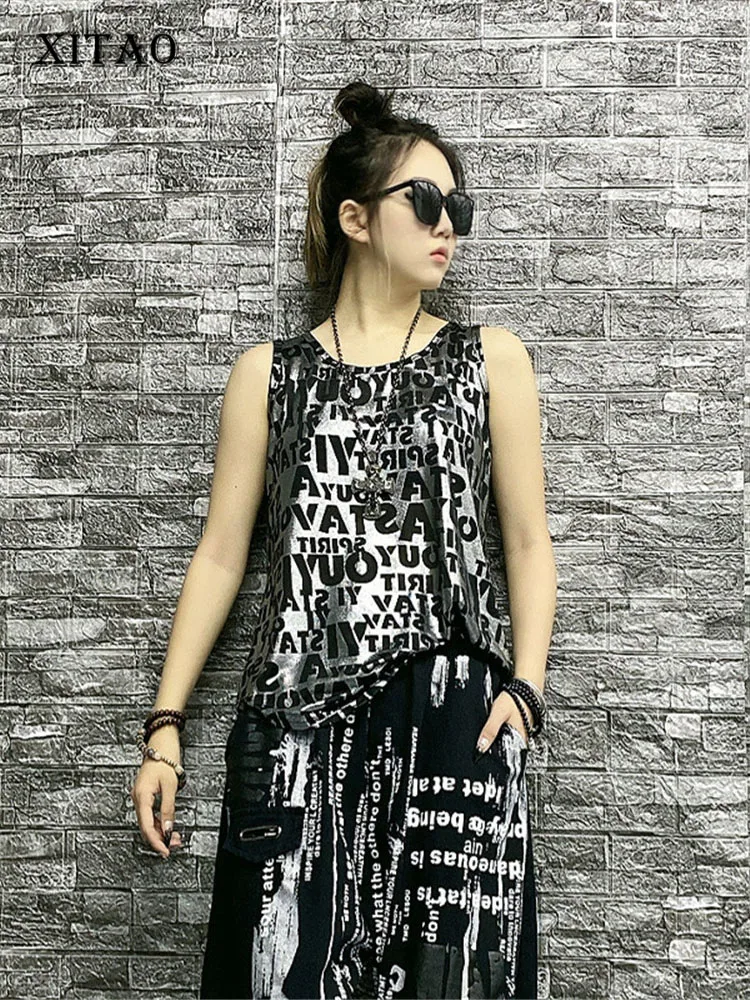 

XITAO Print Letter T Shirt Pattern Fashion Pullover Sleeveless 2022 Summer Minority Loose Casual Style Elegant Tee Top ZY6882