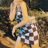 vintage plaid knitted dresses women summer y2k aesthetic harajuku hollow out halter mini dress korean bodycon gothic mall goth