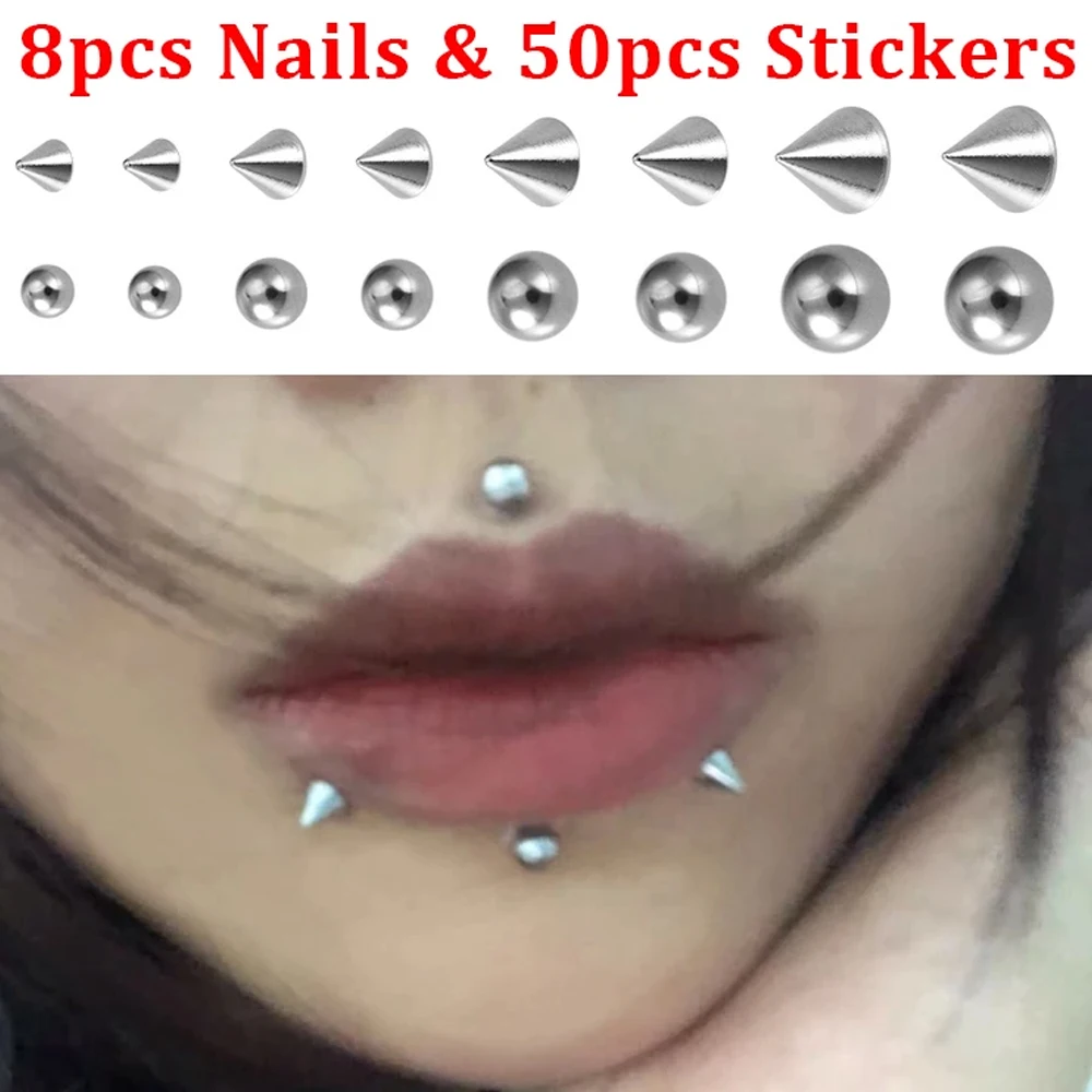 WKOUD 8pcs Fake Lip Nails & 50pcs Stickers Eyebrow Ear Stud Non Piercing Earring Studs Teens Hip hop Fake Nose Ring Body Jewelry