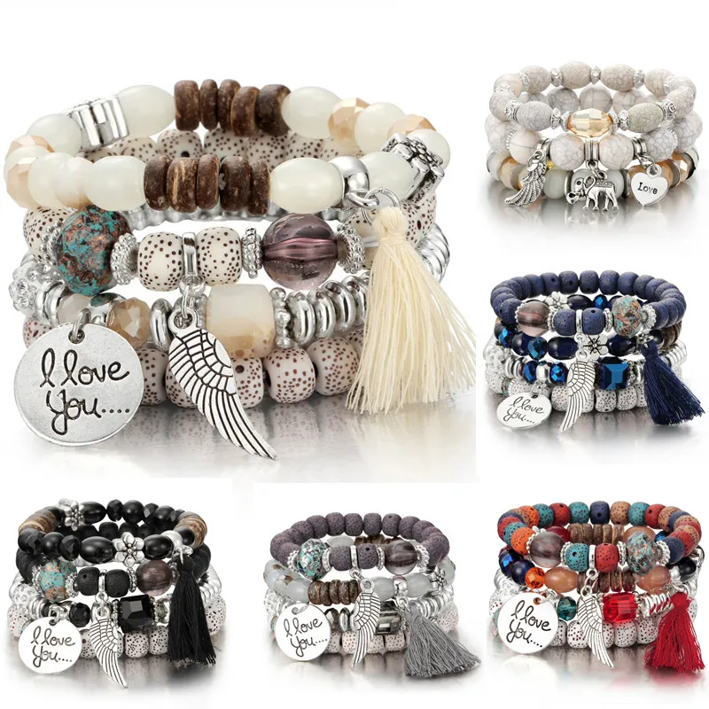 

4pcs/set Fashion Multilayer Crystal Lava Stone Beads Wing Tassel Bracelets Bangles Pulseras Mujer Boho Jewelry Women Gift Femme