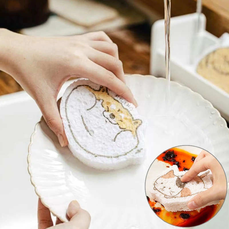 

Cartoon Kitchen Dishwashing Sponge Cute Cleaning Sponges Double Sided Scouring Pads Compressed Wood Pulp Sponge Dishes Pot Wipe