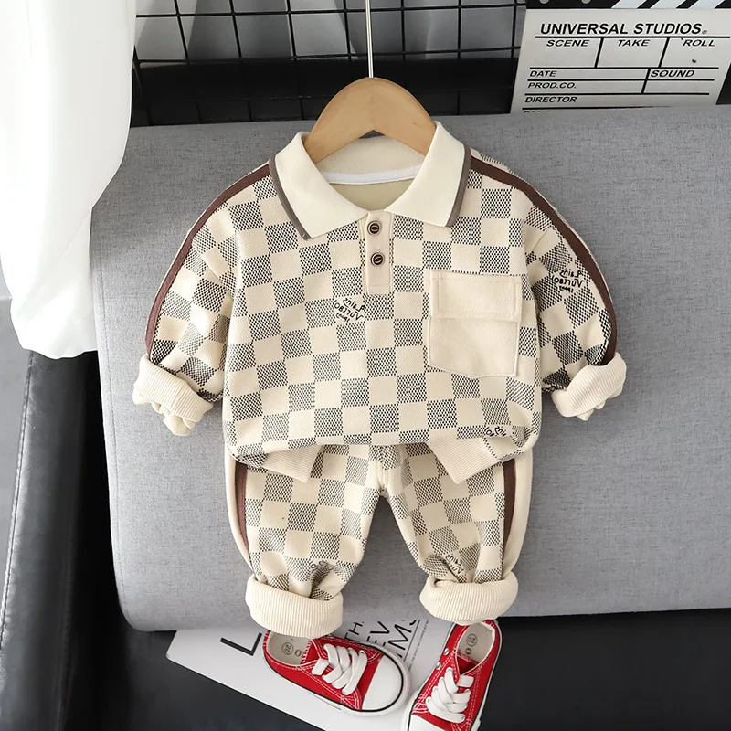

LZH 2022 Spring Autumn New Baby Boys Clothes Suits Casual Checkered Cartoon Long Sleeves Two Piece Outfits Boys Set 1-5 Years