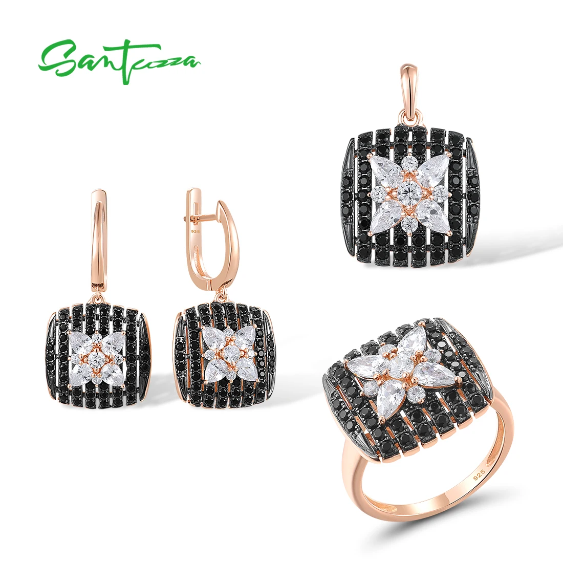 SANTUZZA 925 Sterling Silver Jewelry Set For Women Sparkling Black Spinel White CZ Pendant Earrings Ring Party Fine Chic Jewelry