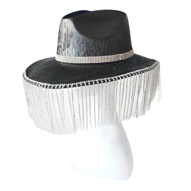 

652F Summer Breathable Cowboy Hat Western Party Large Brim Hat Fedoras Felt Cowboy Sunproof Hat Accessory Wide Curved Brim