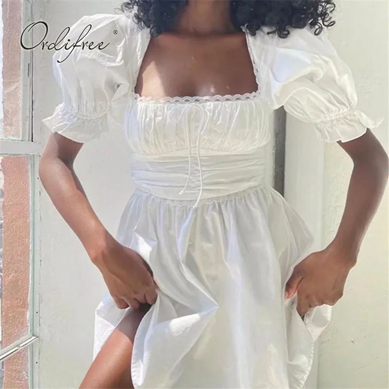 

Женское мини-платье с коротким рукавом Ordifree, белое винтажное пляжное платье-трапеция с кружевом крючком, лето 2022