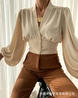 elegant ladies v neck ruffled button shirt fashion trend lantern sleeve solid color top casual ol office professional wear