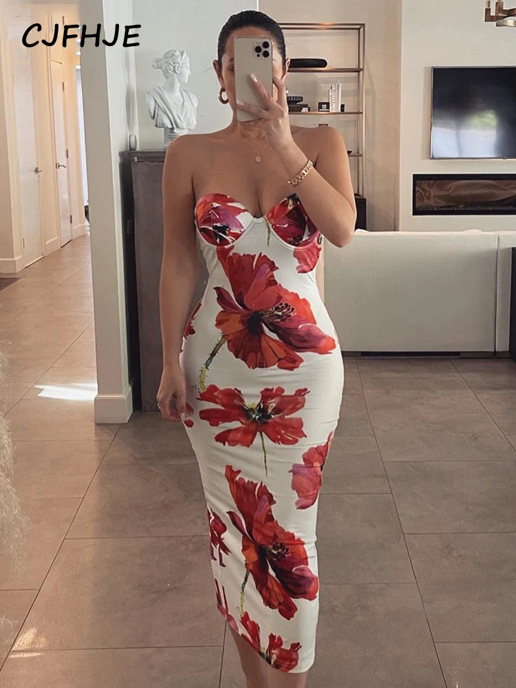 

CJFHJE Flower Print Strapless Draped Slit Midi Prom Dress Sexy Bodycon 2022 Summer New Elegant Outfit Wedding Party Club Y2K